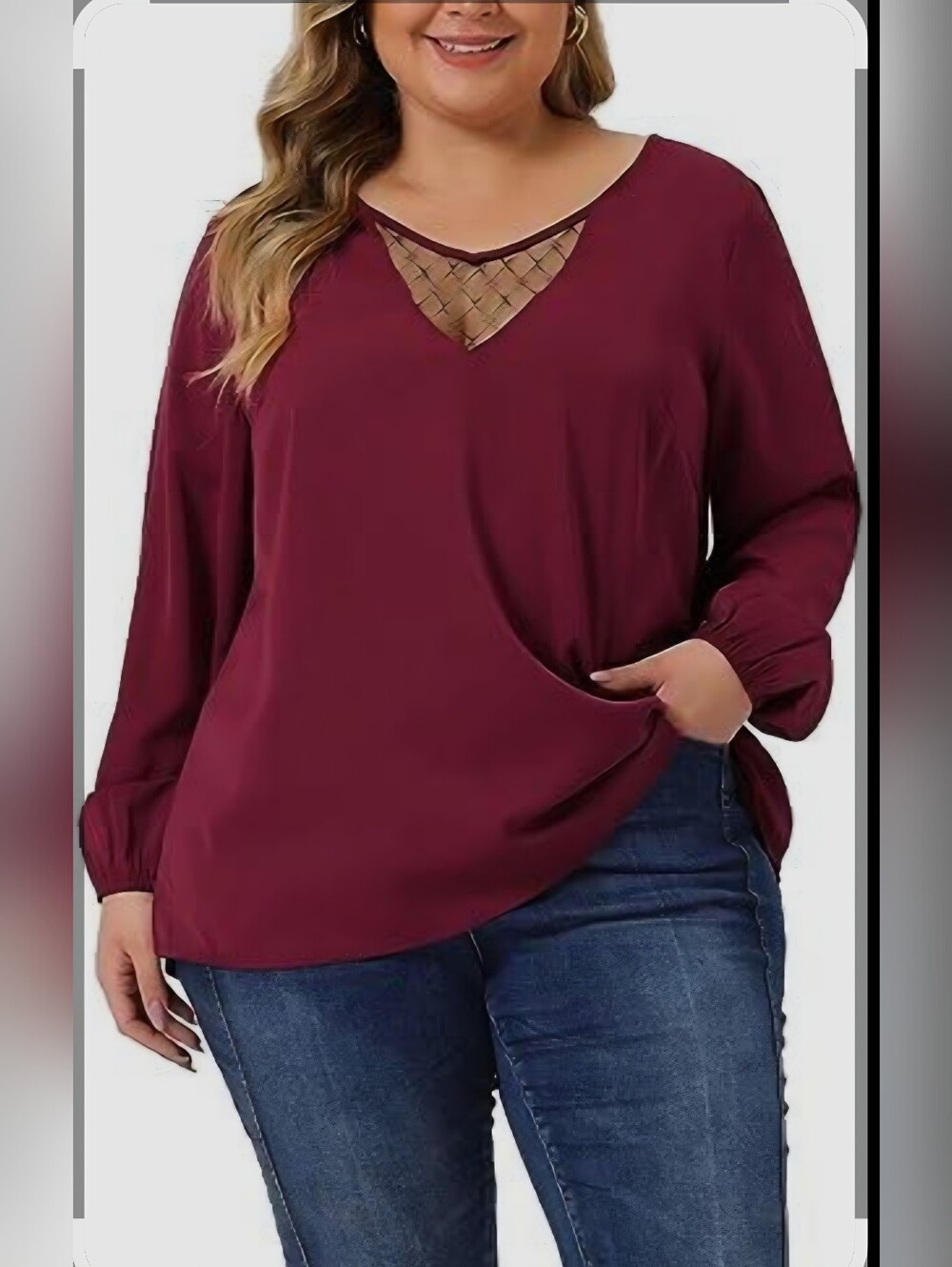 Burgundy‎ Mesh V-Neck Long Sleeve Blouse Wine Top Boho Chic with Mesh Inset